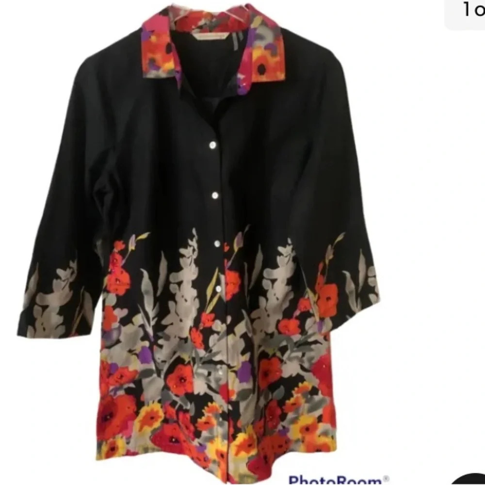 Soft Surroundings NWOT Top Blouse Tunic Black Floral Smock Cotton Beaded… - Picture 3 of 9